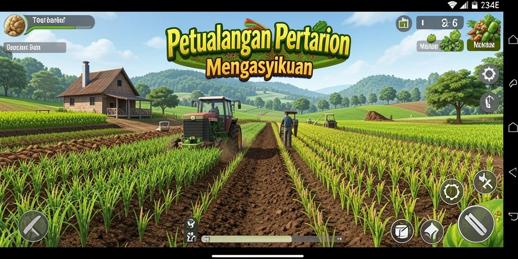 Screenshot utama 234E menunjukkan aktivitas pertanian yang seru dan interaktif.