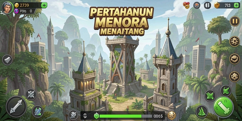 Screenshot gameplay yang menunjukkan pertahanan menara strategis.