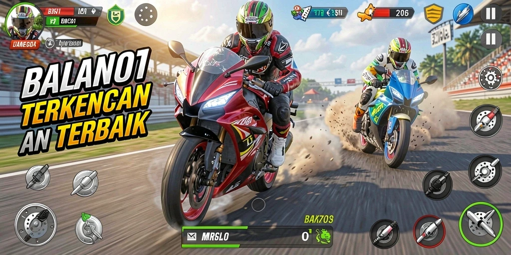 Tampilan gameplay seru di BARU01 dengan balapan motor yang cepat dan menantang.