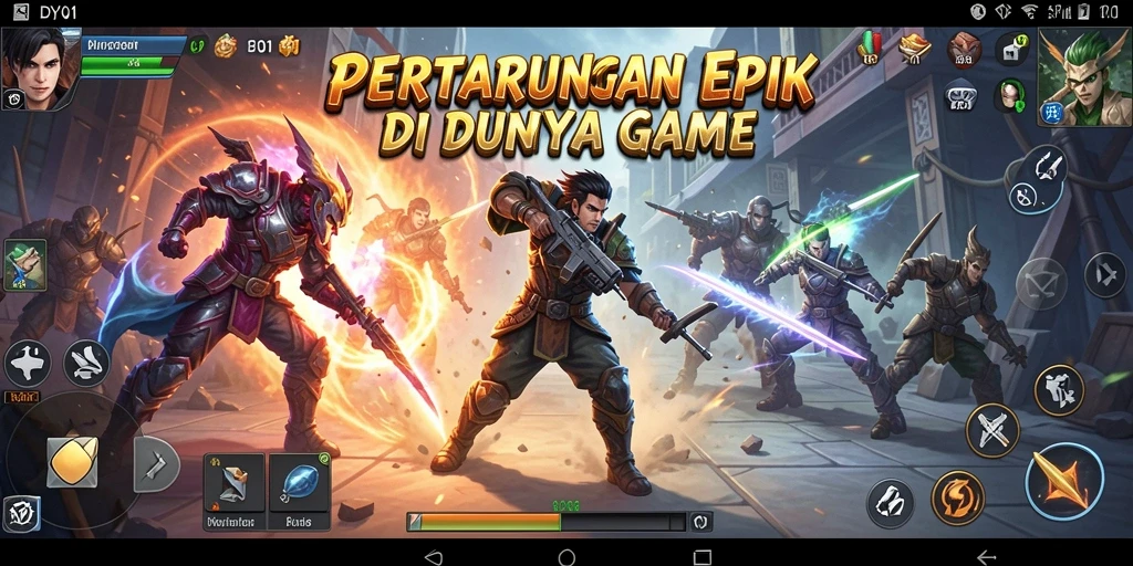 Tangkapan layar utama DY01 menunjukkan pertarungan seru antara karakter dengan efek visual menarik.