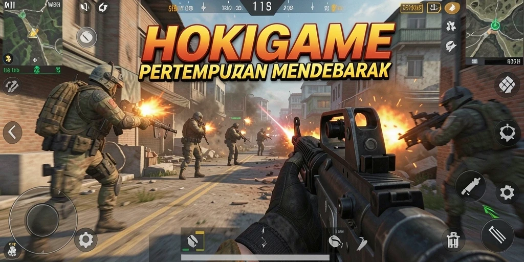 Tangkapan layar HOKIGAME menunjukkan aksi mendebarkan dalam pertempuran FPS.