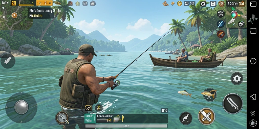 Screenshot gameplay NOX123 menampilkan aksi memancing yang menegangkan.