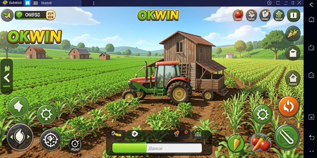 Screenshot utama OKWIN menampilkan gameplay bertani yang seru.