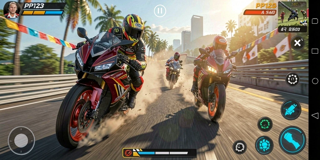Screenshot utama PP123 menampilkan aksi balapan motor yang menegangkan.