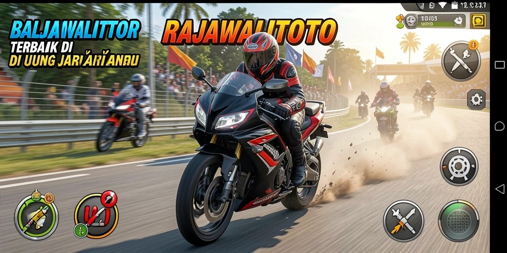 Screenshot gameplay RAJAWALITOTO menunjukkan aksi balapan motor yang mendebarkan.