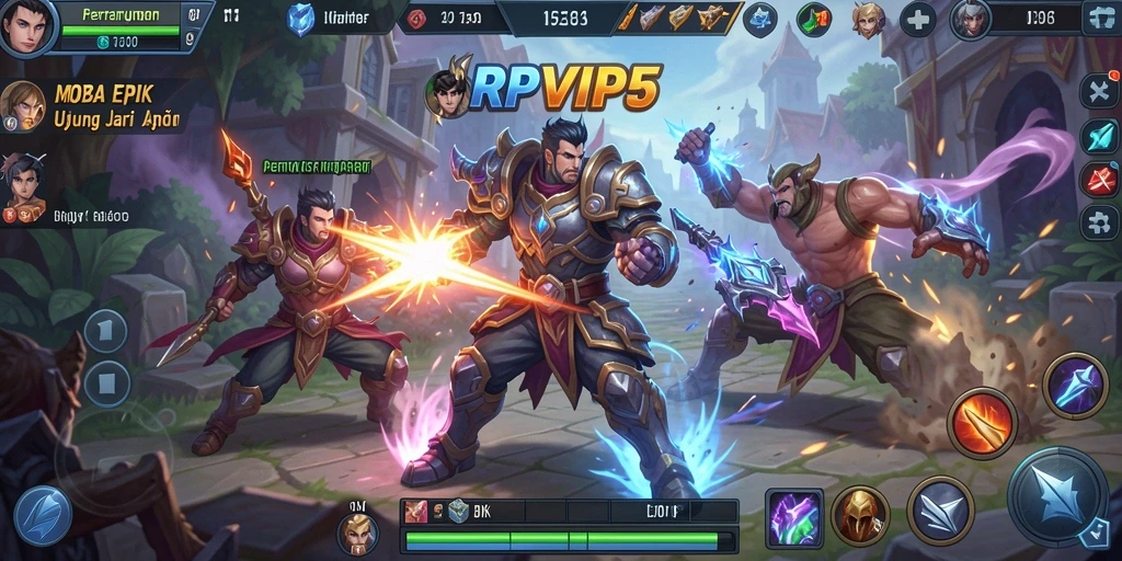 Tampilan gameplay seru RPVIP5 dengan karakter MOBA yang dinamis.
