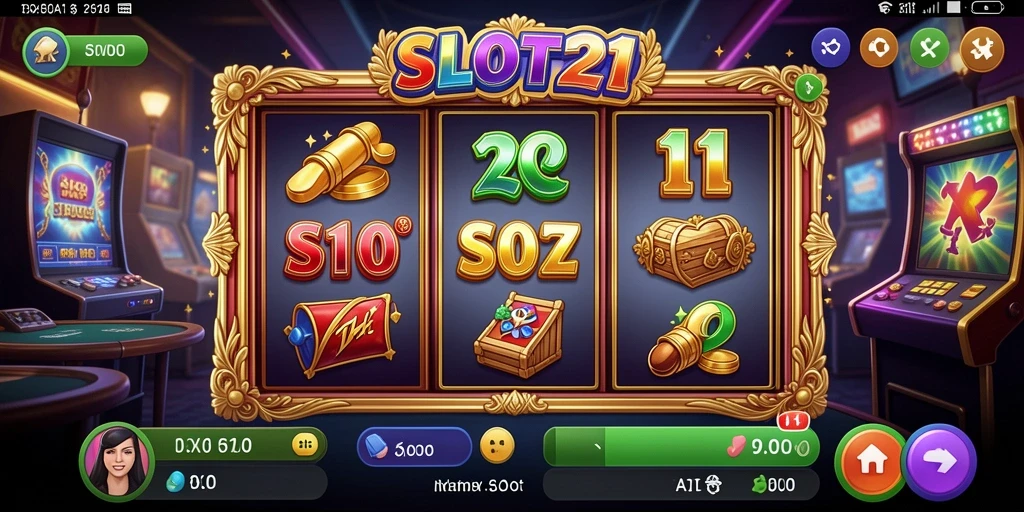 Screenshot menunjukkan gameplay SLOT21 yang penuh warna dan menarik.